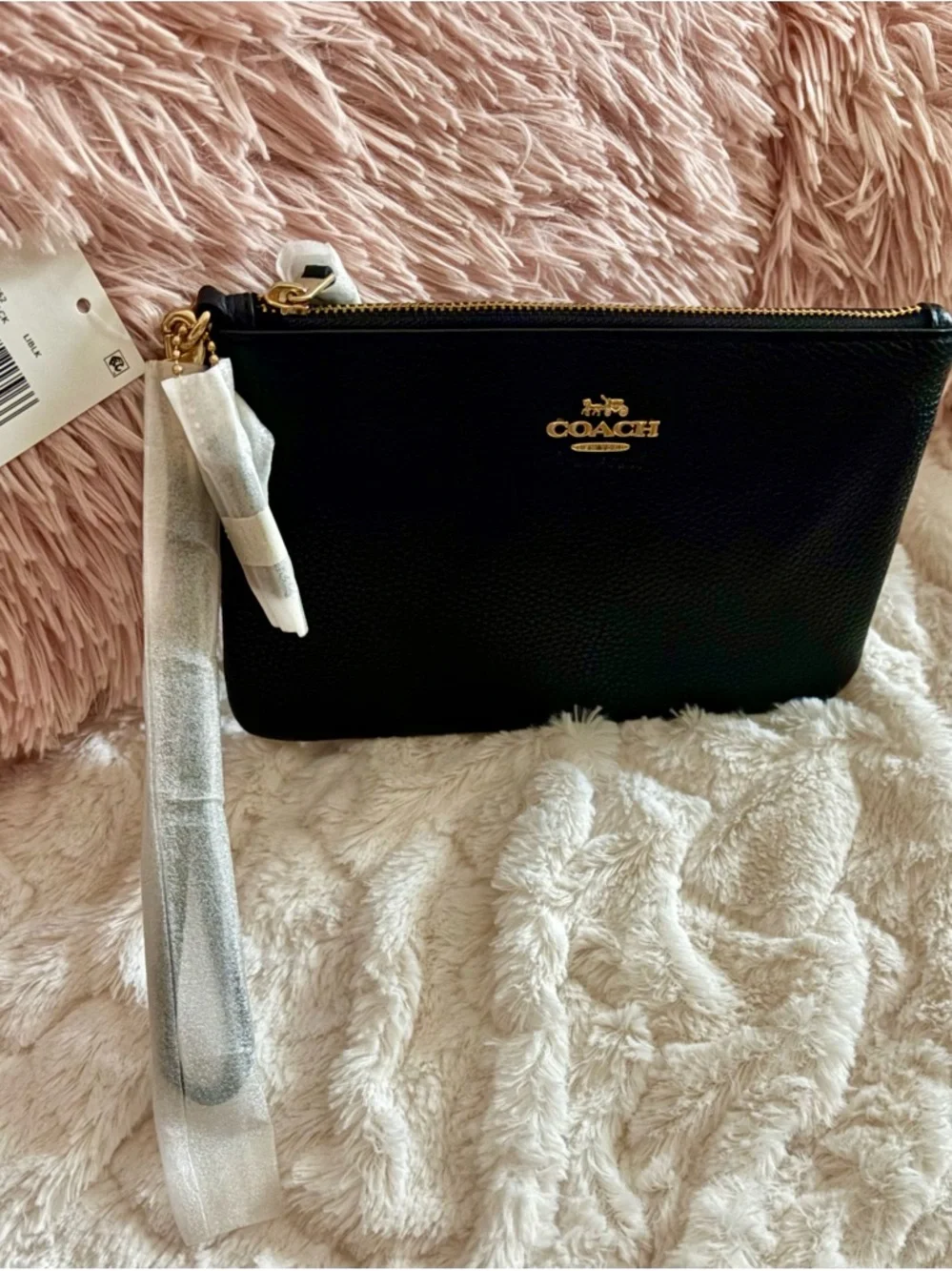 NEW Coach Black Crossgrain Leather Small Zip Top Wristlet Pouch - Picture 5 of 12